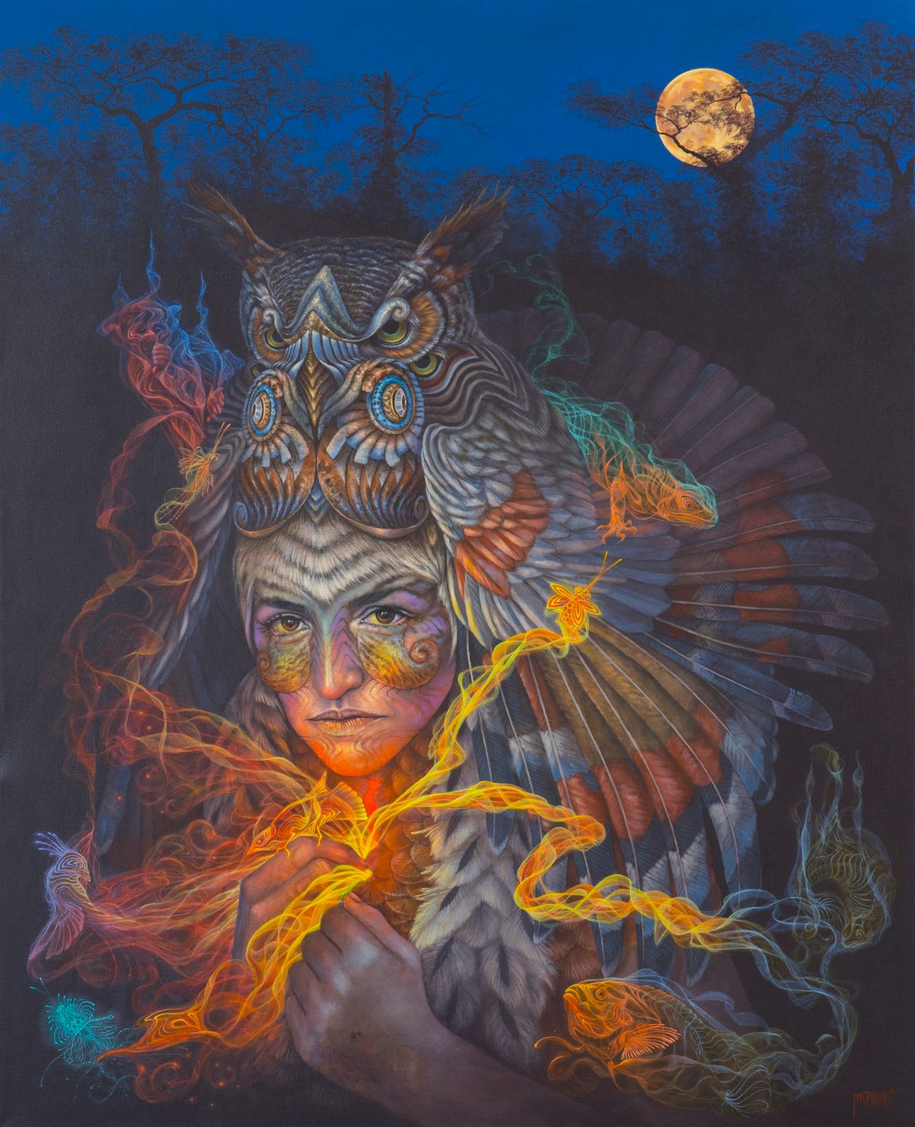 Visionary owl shaman painting bathed in moonlight